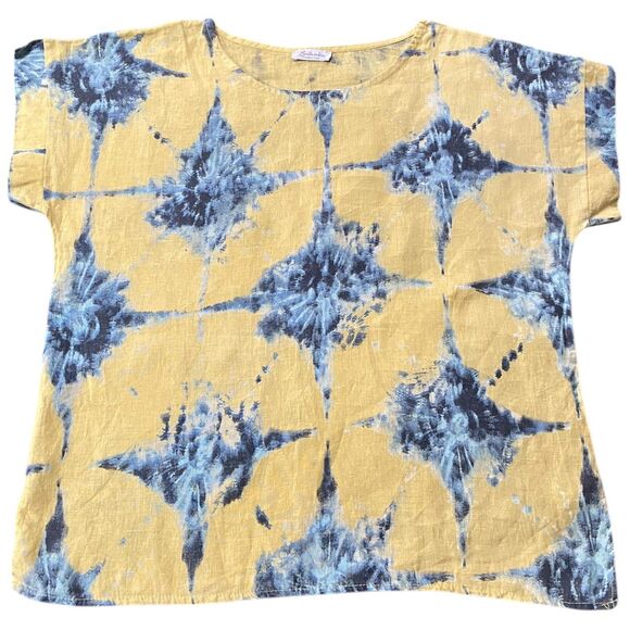 Bellambia Italy Linen Boxy Top Size L Blouse Cap Sleeve Yellow Blue Tie Dye - Picture 5 of 10